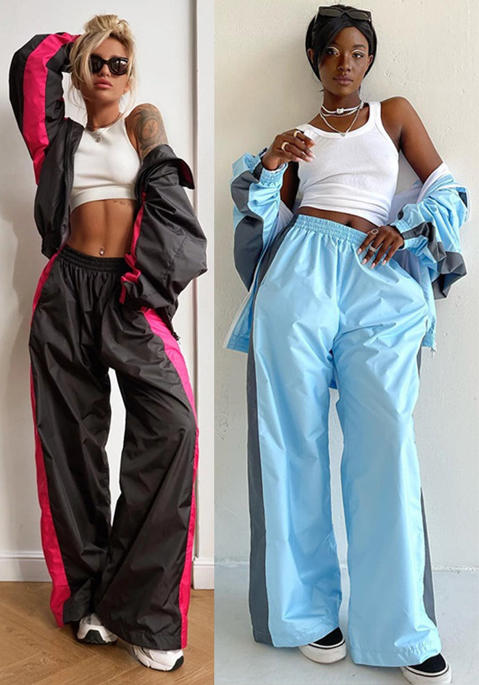 Women's Casual Fashion Loose Color Matching Long Sleeve Zipper Contrast Top and Trousers Sports Two Piece Set