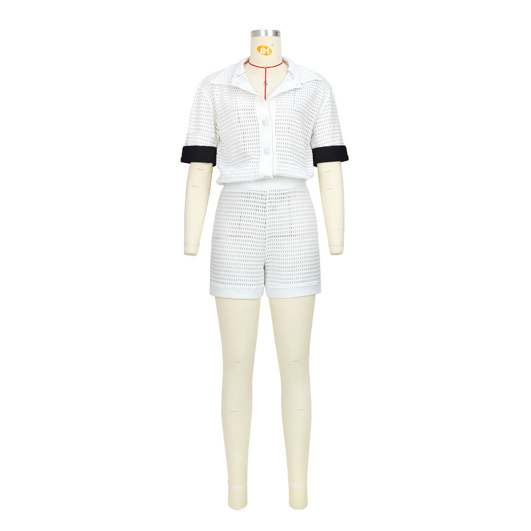 Women Solid Button Short Sleeve Top and Short Two-Piece Set 10