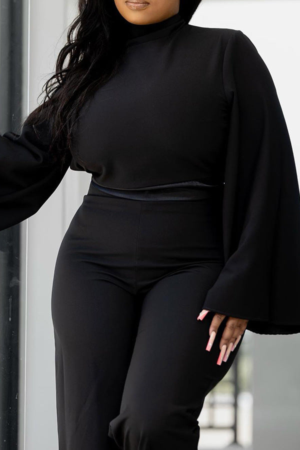 Women Solid Patchwork Long Sleeve Top and Pant Two-piece Set 5