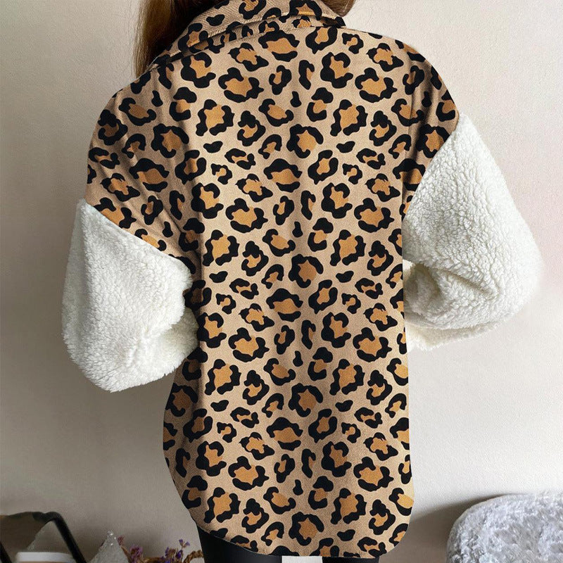 Women Turndown Collar Leopard Plaid Print Furry Patchwork Contrast Warm Long Sleeve Shirt 39