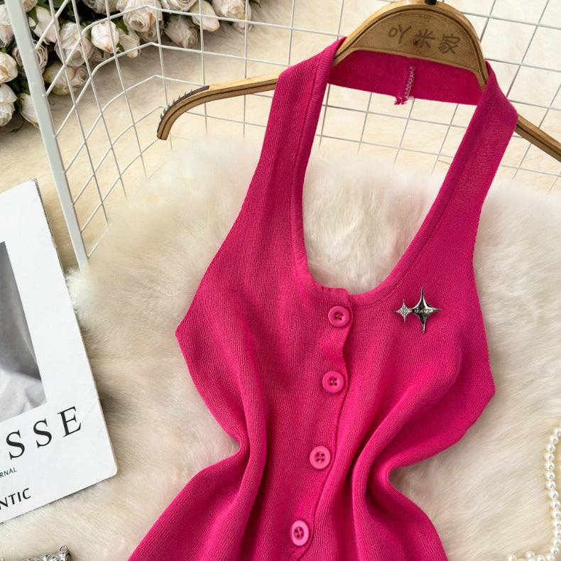 Fashionable Halter Neck Low Back Breasted Slim Fit Knitting Vest Women's Outdoor Wear Trendy Basic Top 24