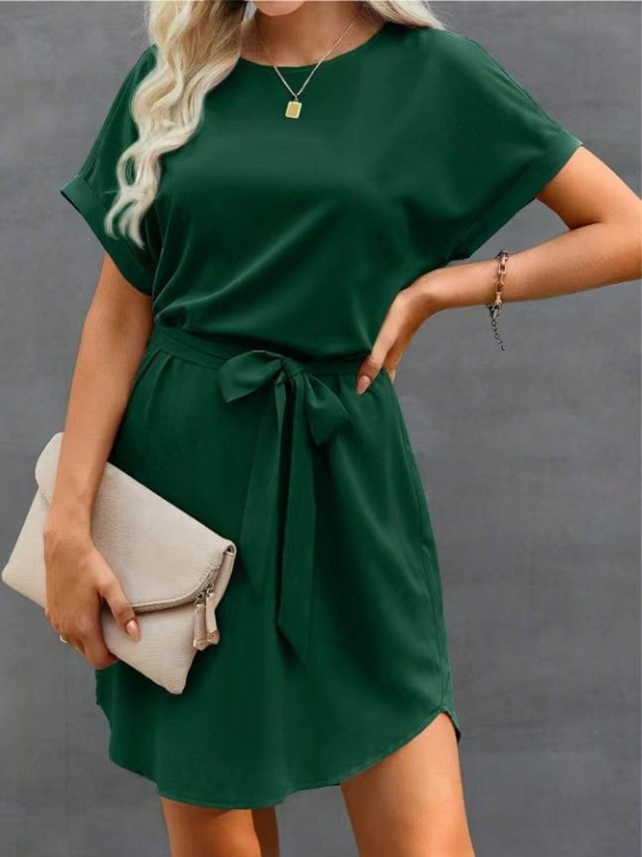 Women Lace-up Waist Short Sleeve Dress