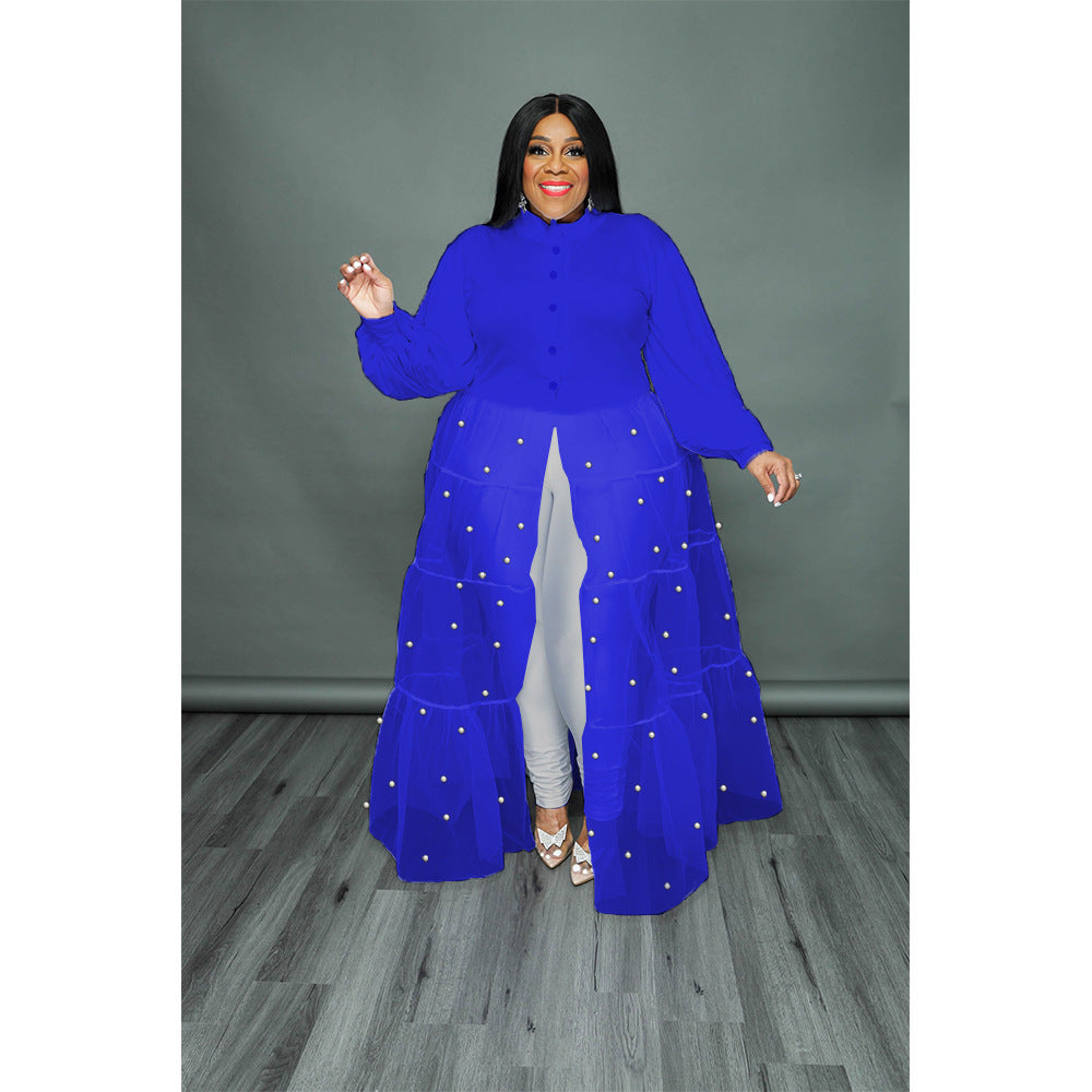 Plus Size Women's Black Pearl Mesh Patchwork Dress 4