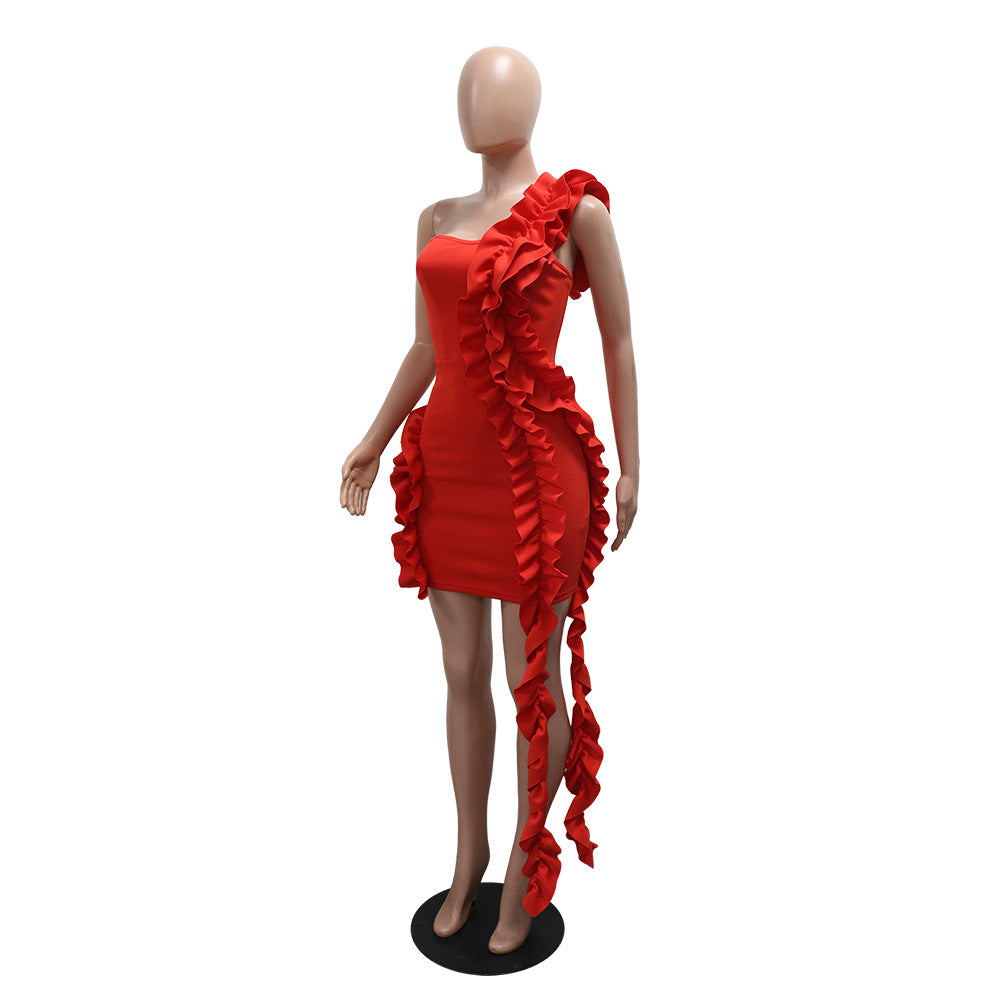 Women one shoulder ruffle edge formal party bodycon dress 6