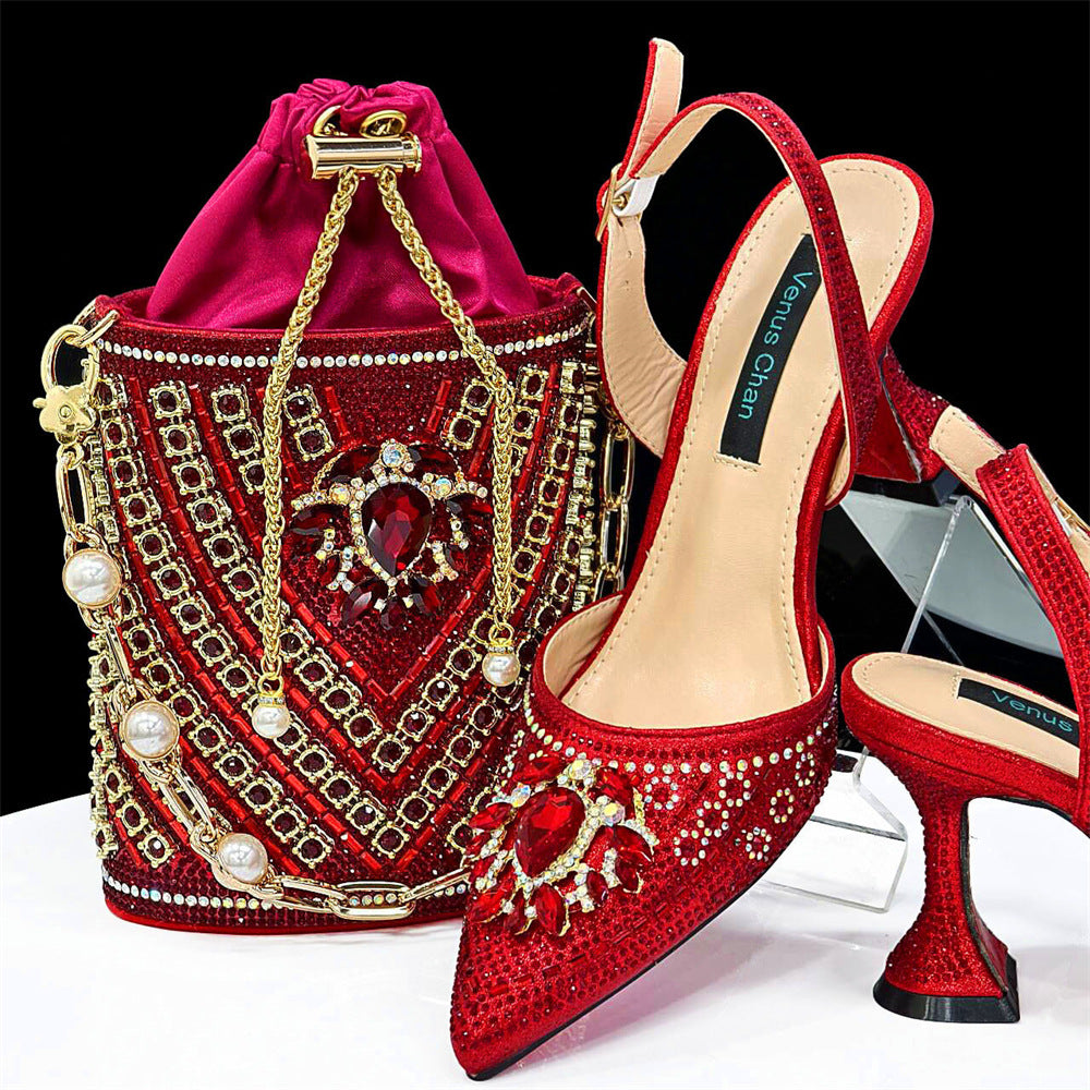 African Shoe And Bag Set Combination Pointed-Toe Ladies' Plus Size High-Heeled Wedding Shoes With Bucket Bags 16