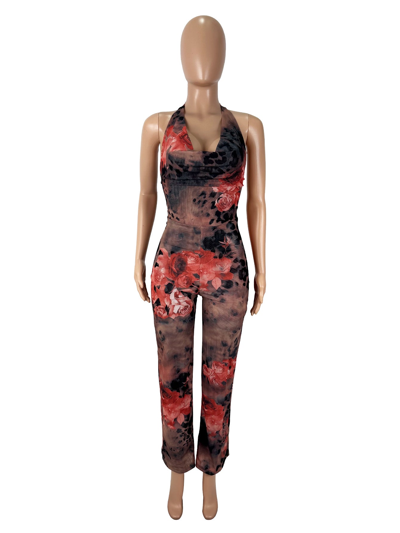 Women's Sexy Leopard Floral Print Halter Neck Jumpsuit 7