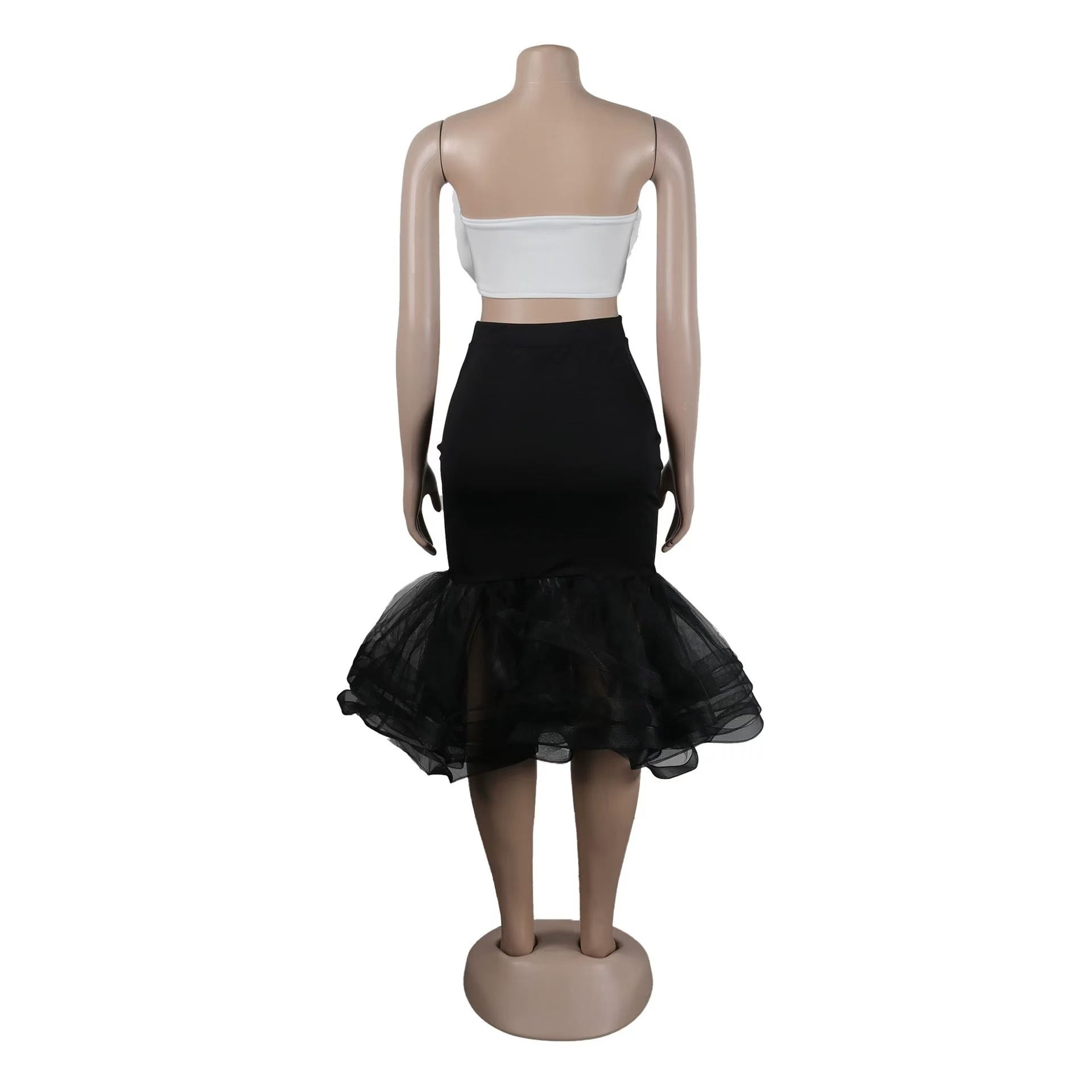 Women Sexy Contrast Strapless Off-Shoulder Bowknot Mesh Bodycon Skirt Two-Piece Set 10