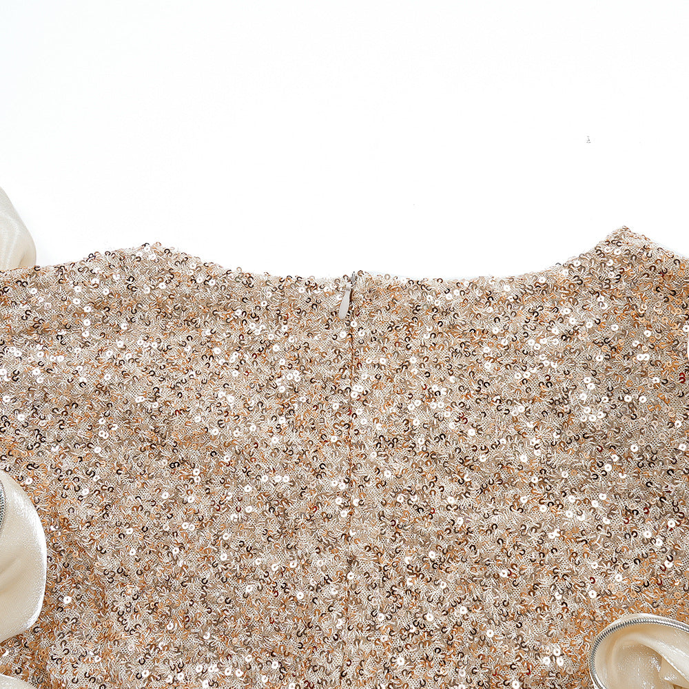 African Plus Size Women's Fashion Puff Sleeve Party Dress Beaded Sequin High Waist Gown 18