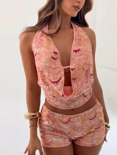 Women sequined backless Halter Neck sexy suspender top and shorts two-piece set 4