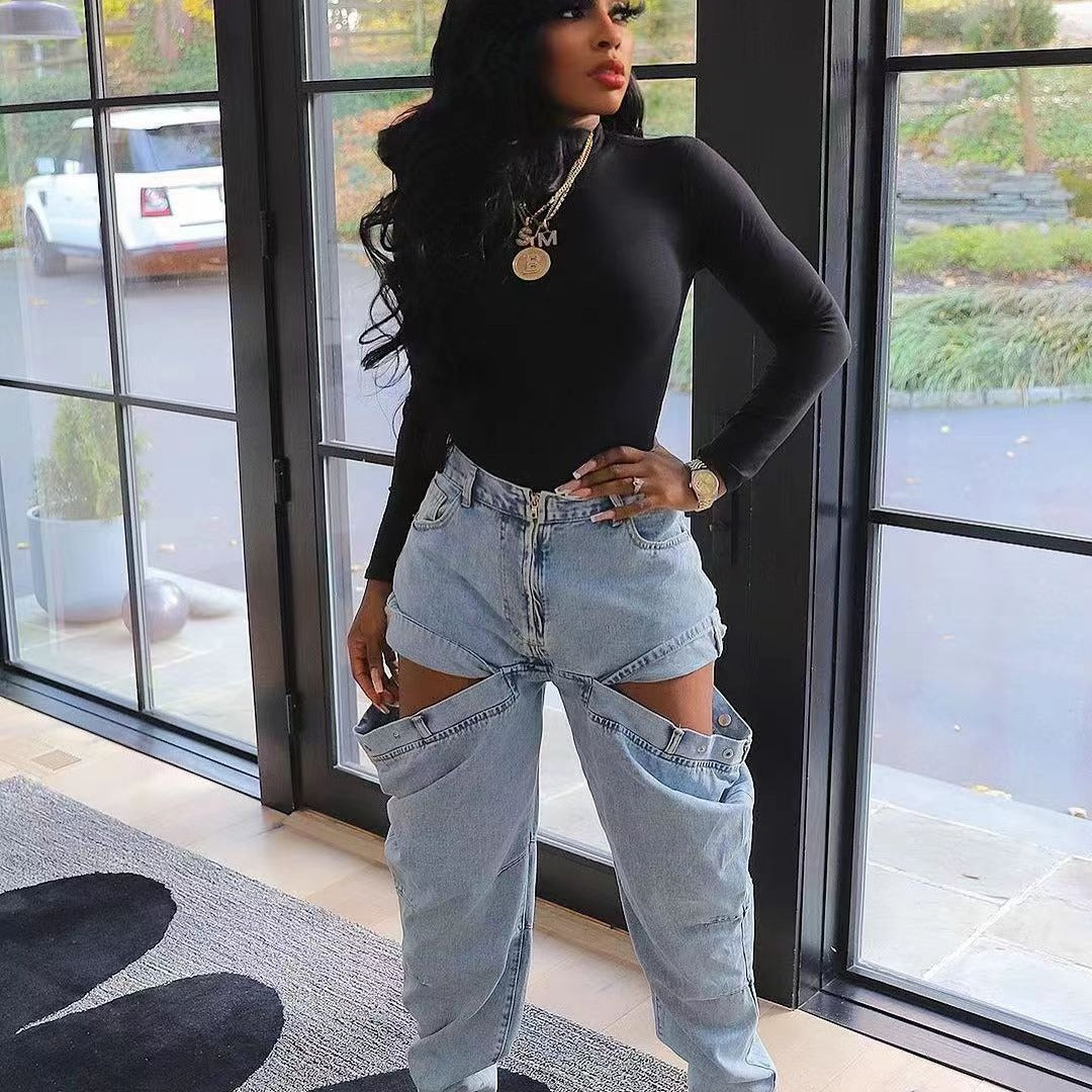 Fashionable Women's Clothing Stretch Casual Hollow Denim Pants