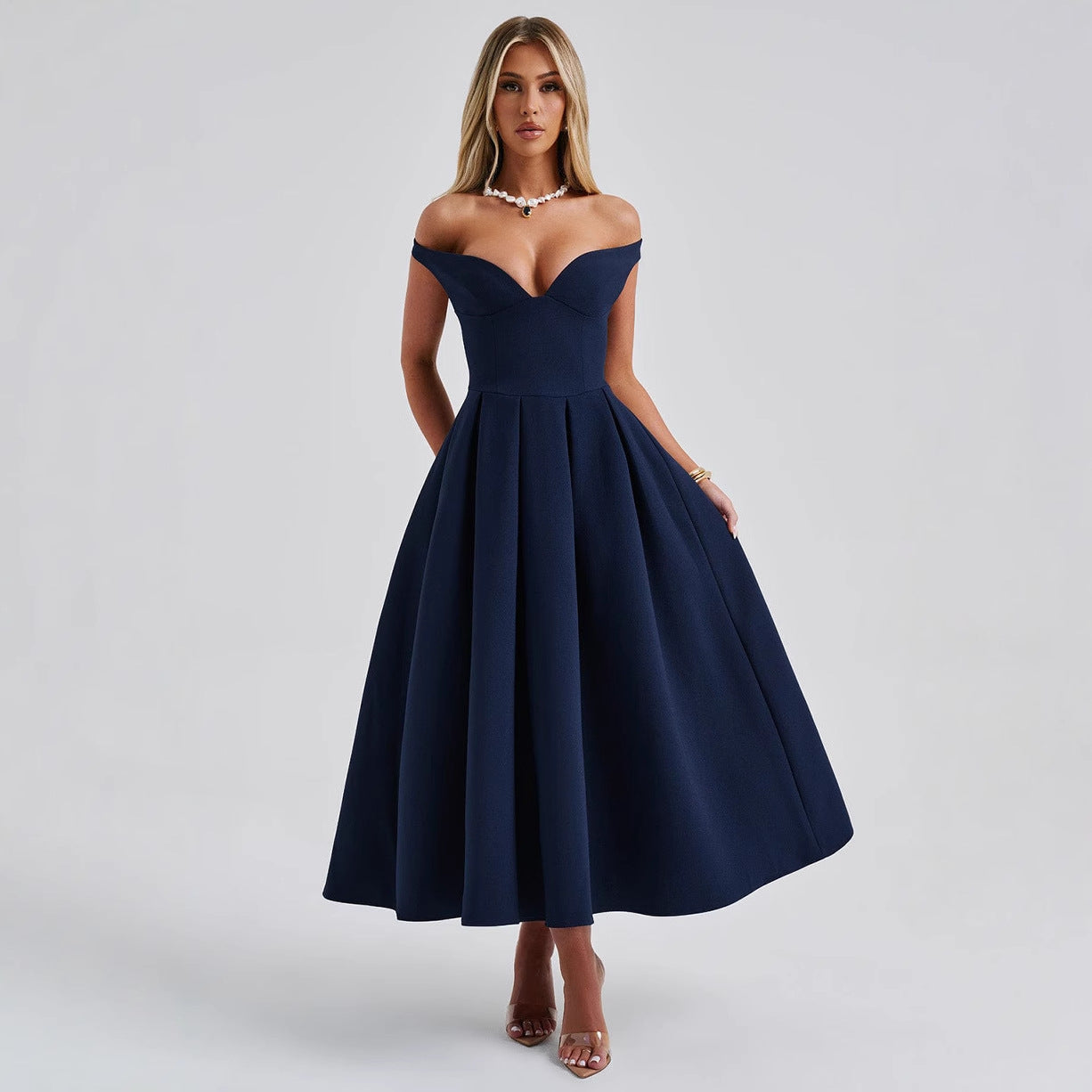 Spring Summer Women's Fashion Elegant Off Shoulder V-Neck Low Back Evening Dress 5