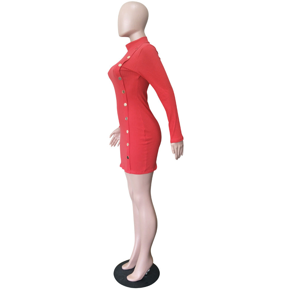 Women Fall and Winter Solid Single-breasted Asymmetric Sweater Dress 9