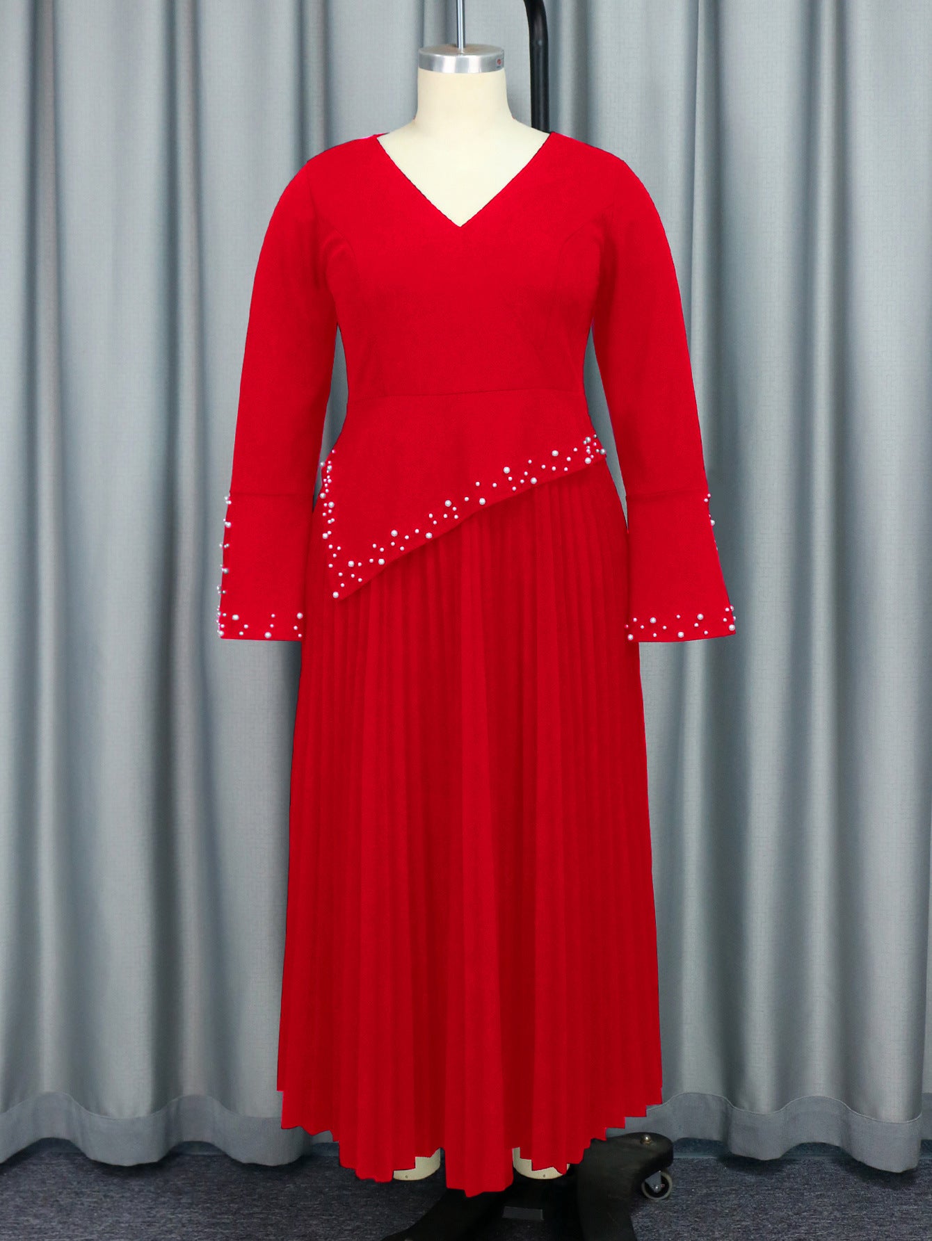 V-neck pleated Bell Bottom sleeve dress Career Formal Party pleated Dresses 4