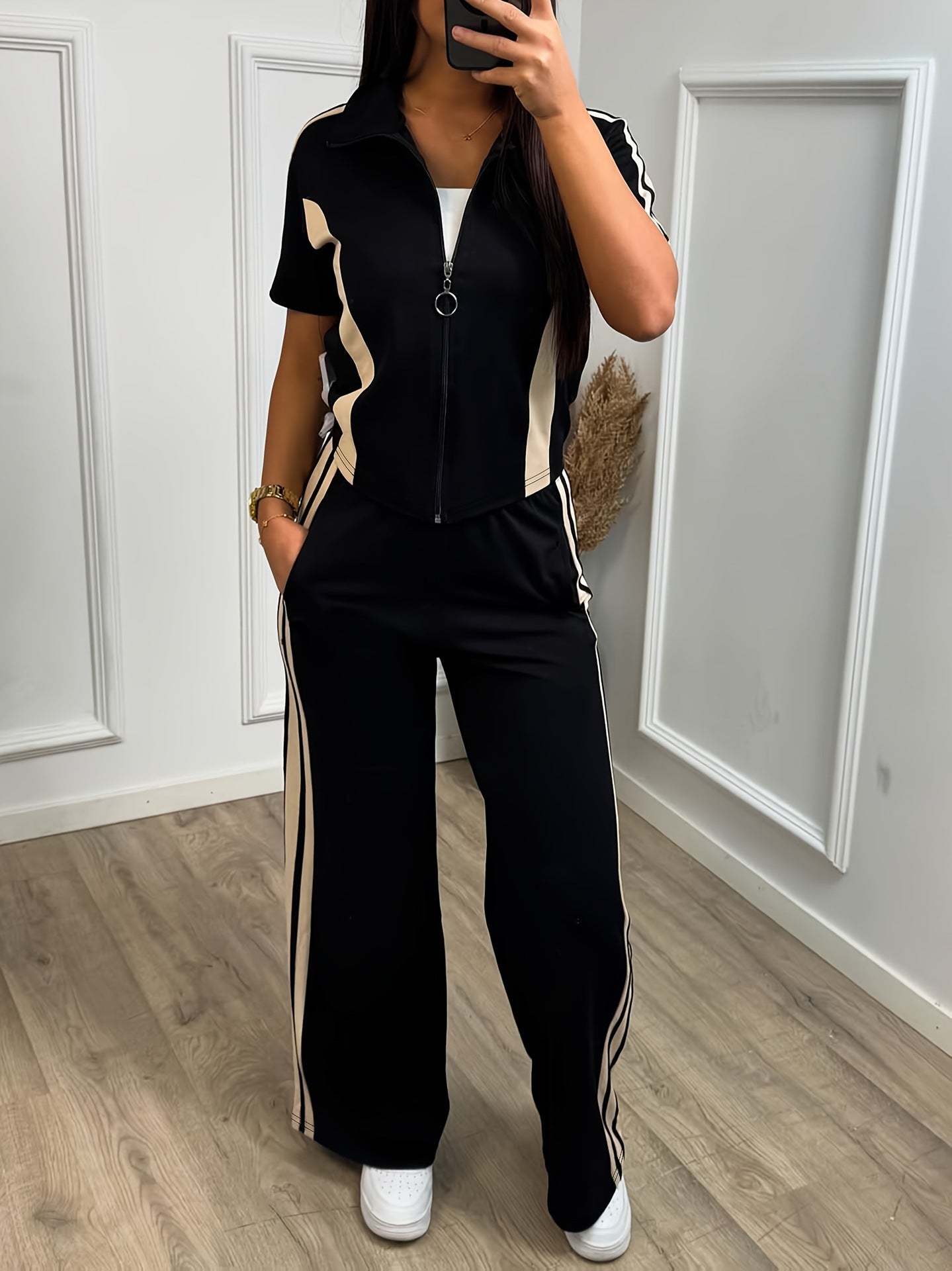 Spring/Summer Women's Casual Zip-Up Short-Sleeve Top & Elastic-Waist Pants Two Piece Set