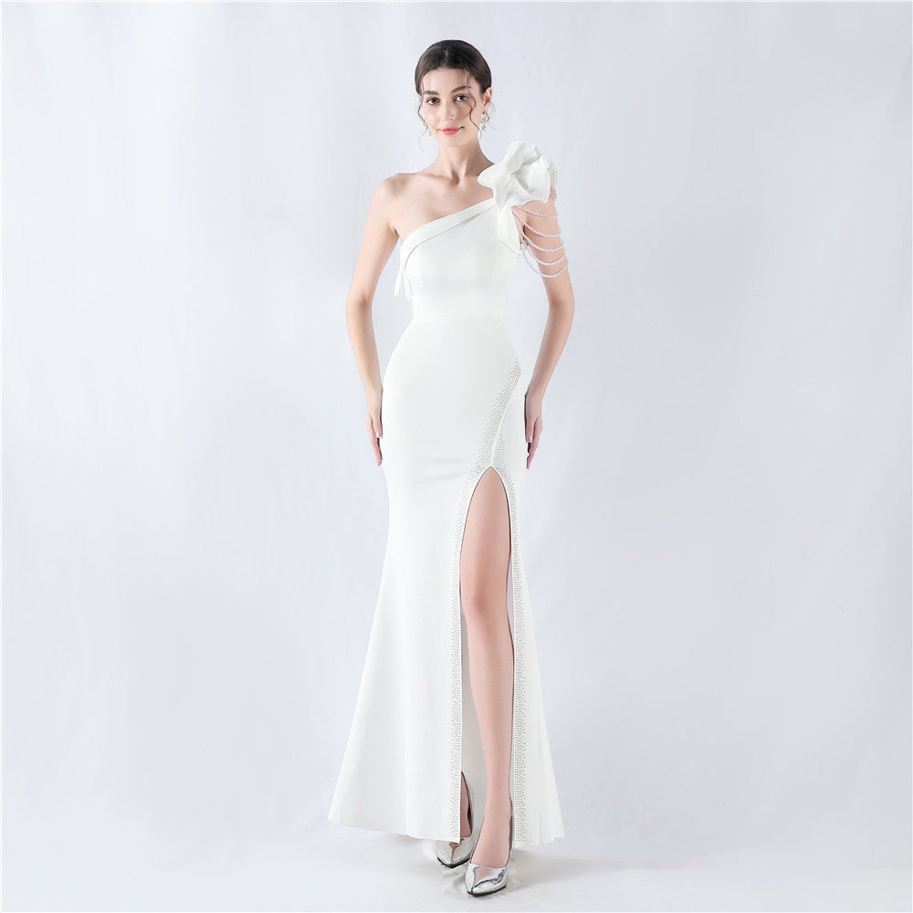Women Lotus Leaf Shoulder Slash Shoulder Beaded Beaded Evening Dress