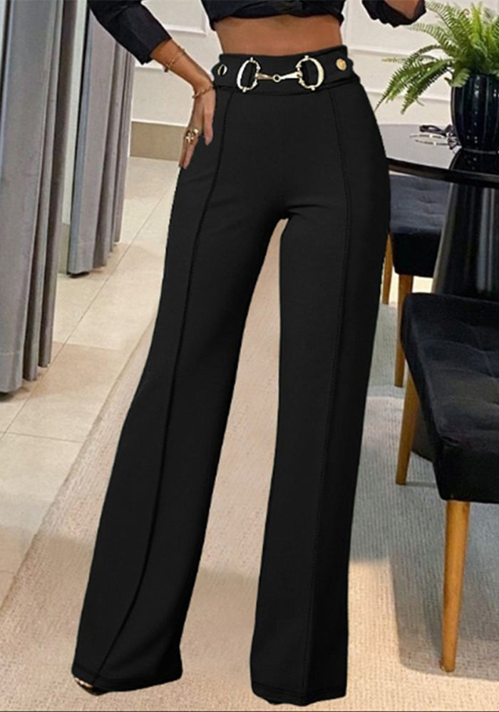 Spring and autumn Casual solid color high waist metal decoration straight trousers