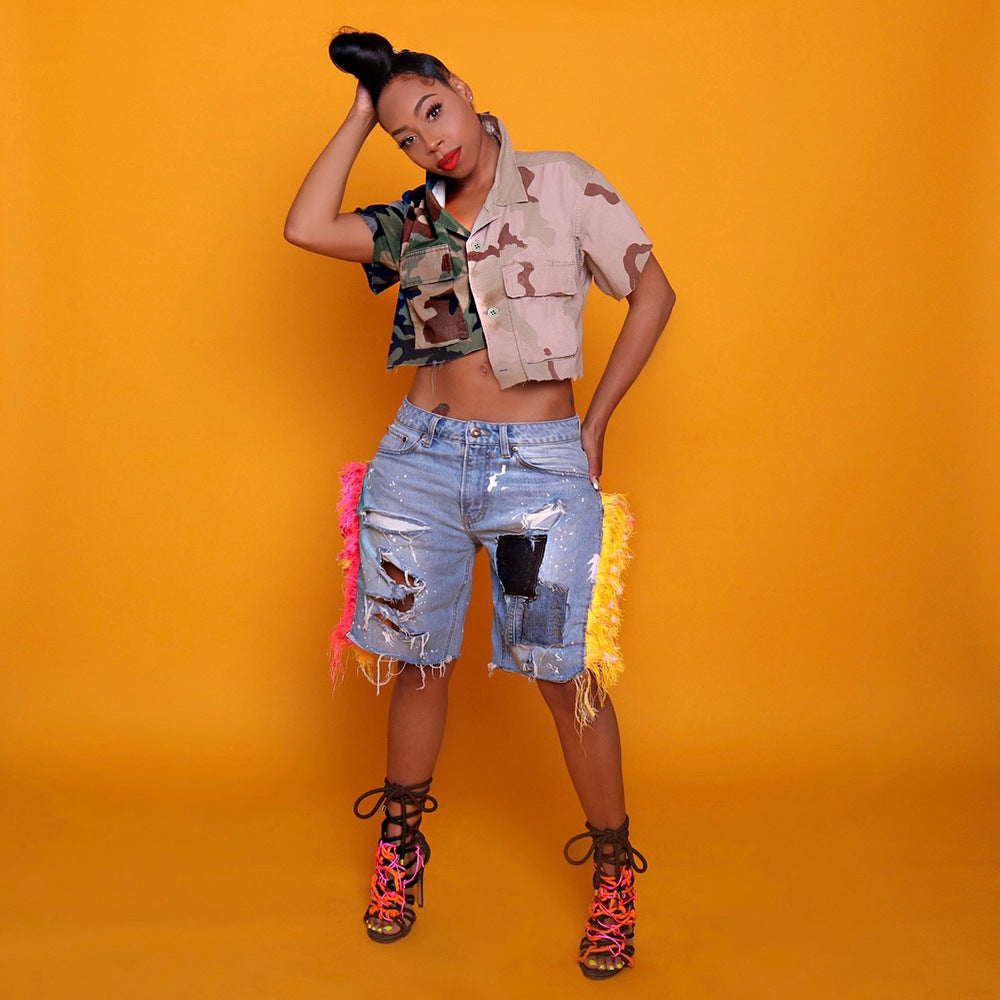 Autumn Contrasting Color Camouflage Pocket Loose Street Trendy Women'S Tops 5