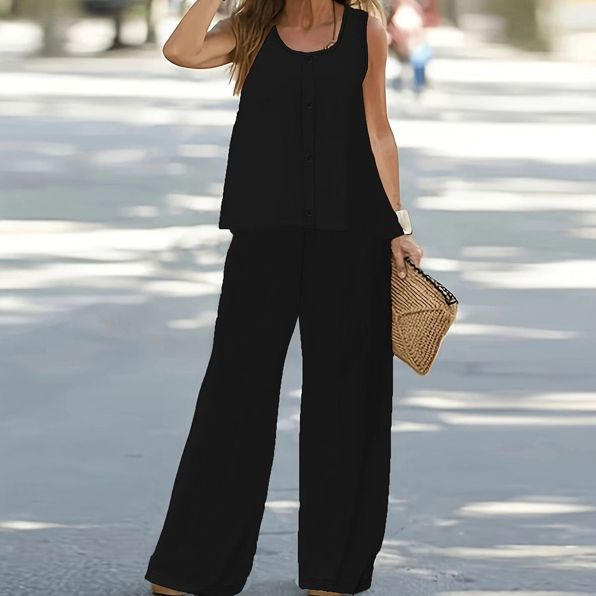 Women Round Neck Sleeveless Top and Pants Two-piece Set 4