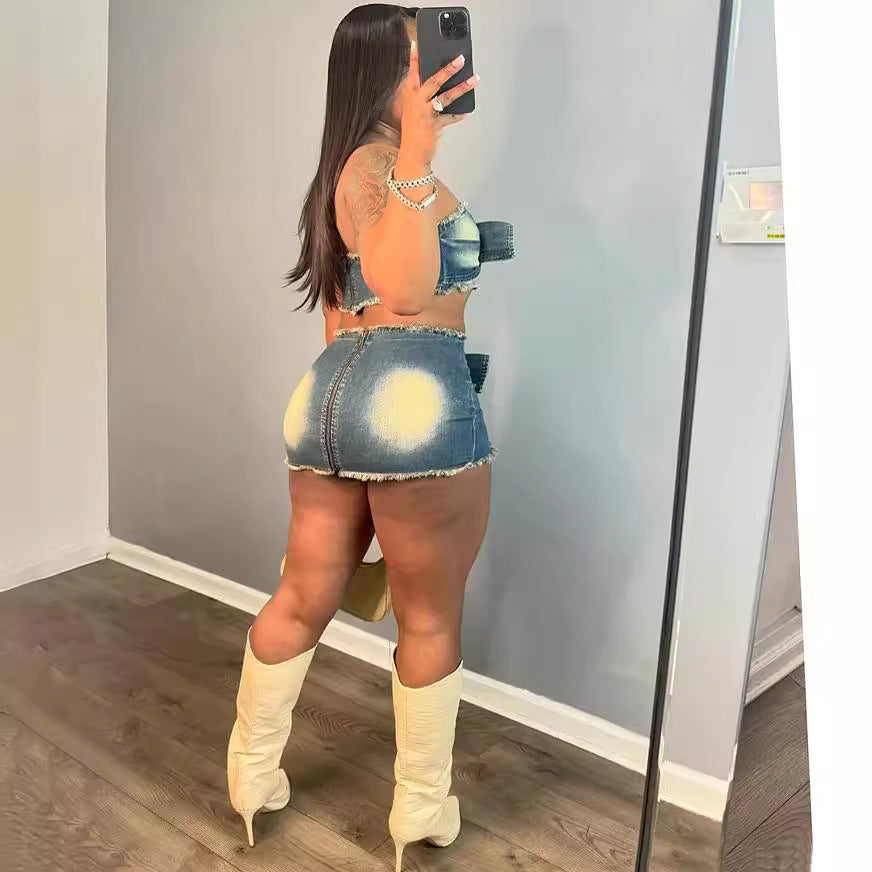 Women's Sexy Denim Strapless Belted Top Fashion Slim Skirt Set Two Piece Set