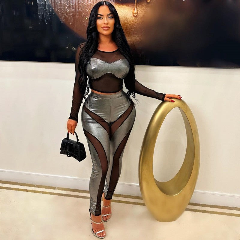 Spring Solid Color Long Sleeve Mesh Patchwork Sexy High Waist Women's Two Piece Pants Set 3