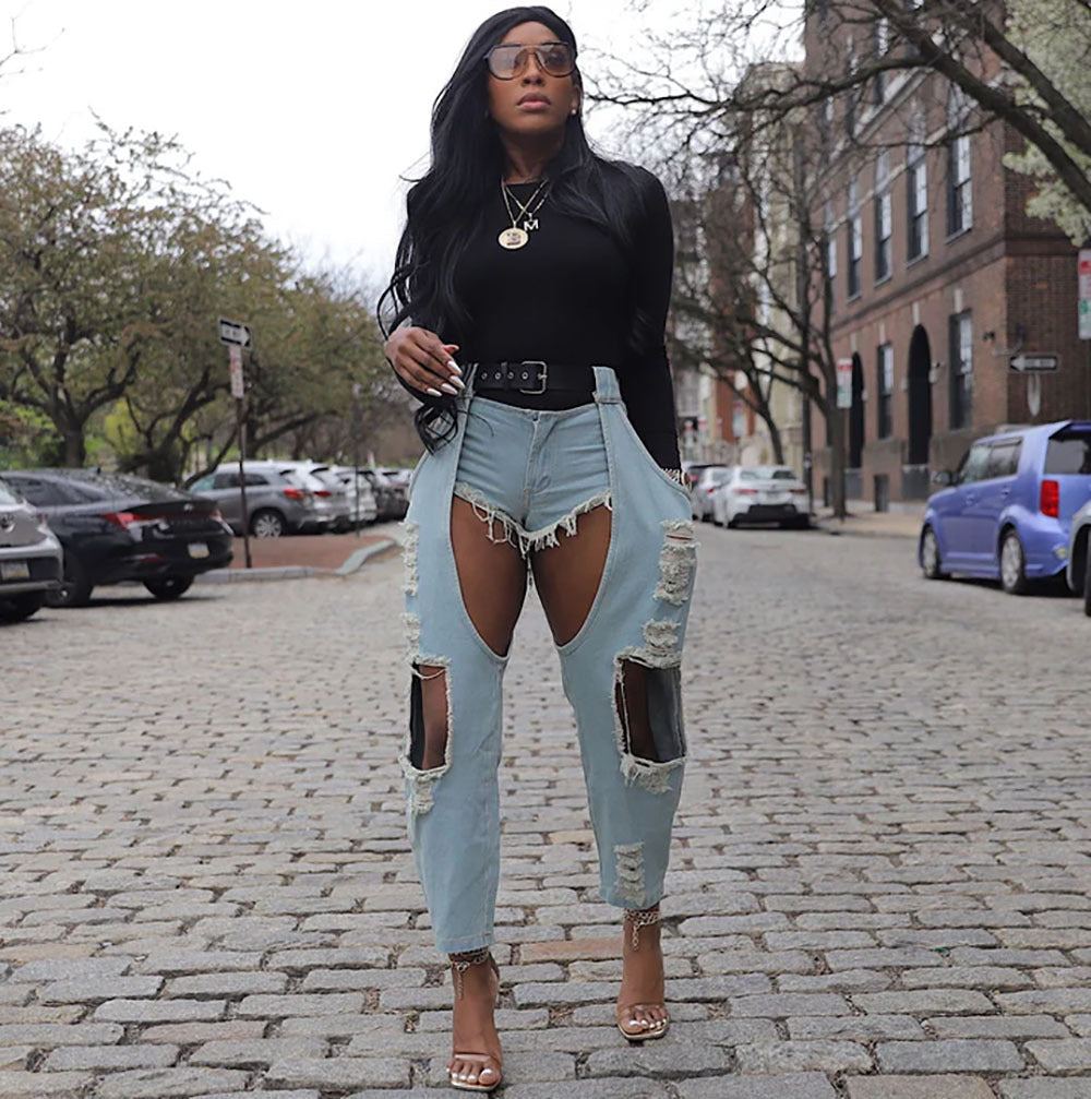 Women Casual Ripped Belt Denim Pants