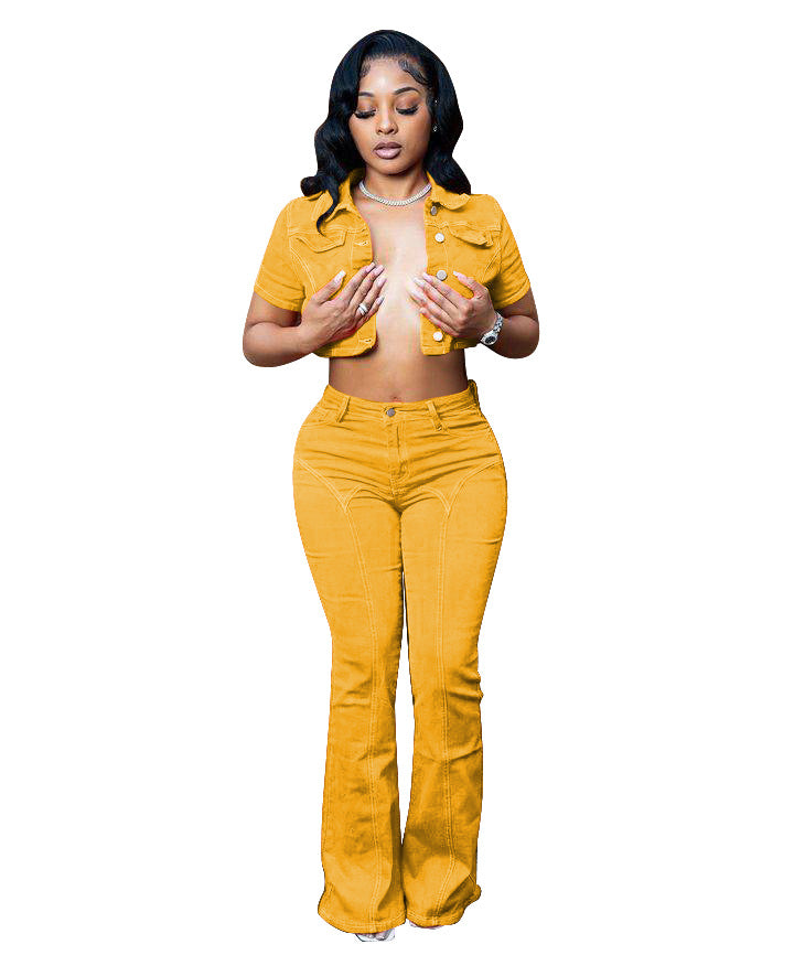 Spring And Summer Denim Short Sleeve Suit Solid Color Jacket Bell Bottom Stretch Pants Two Piece Set 12