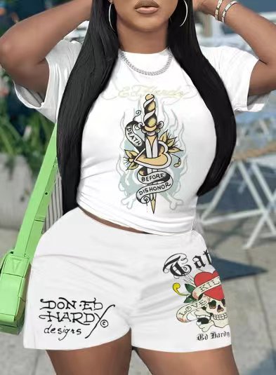 Women's Spring And Summer Printed Short-Sleeved Sports Two-Piece Shorts Set 5