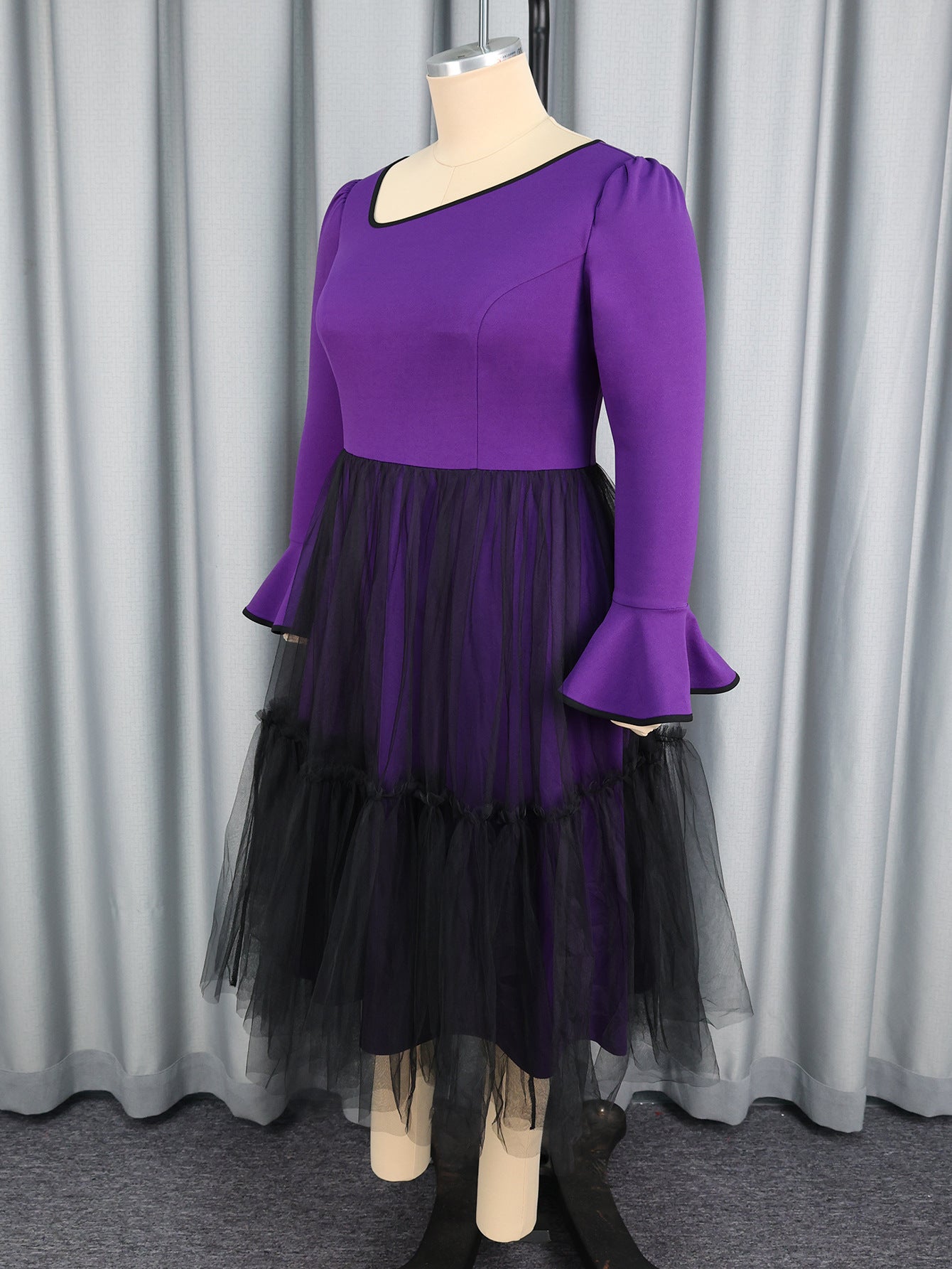 Plus Size Women's Purple Bell Sleeve Mesh Patchwork Elegant Long Dress 3