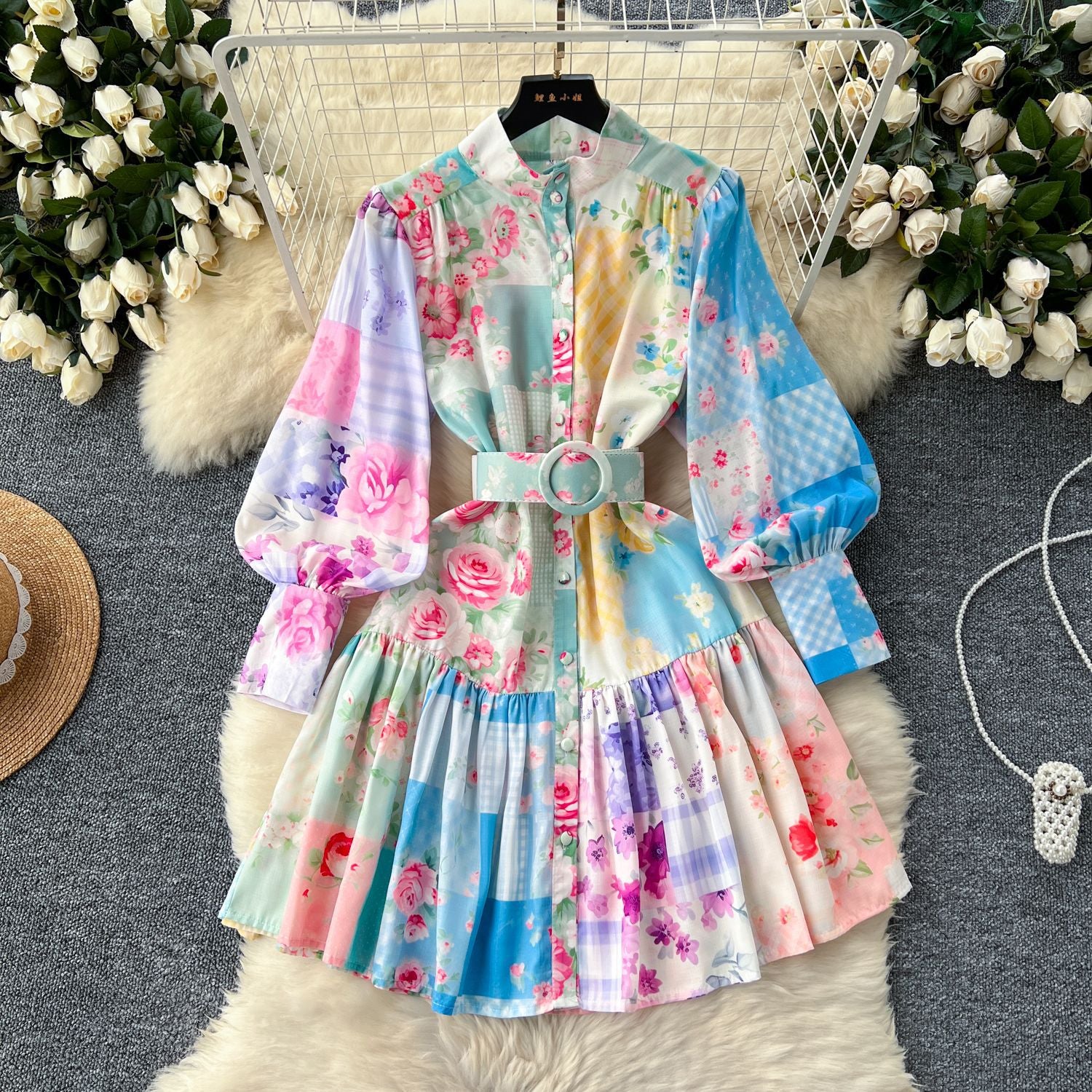 Women Stand Collar Lantern Long Sleeve Ruffle Printed Dress
