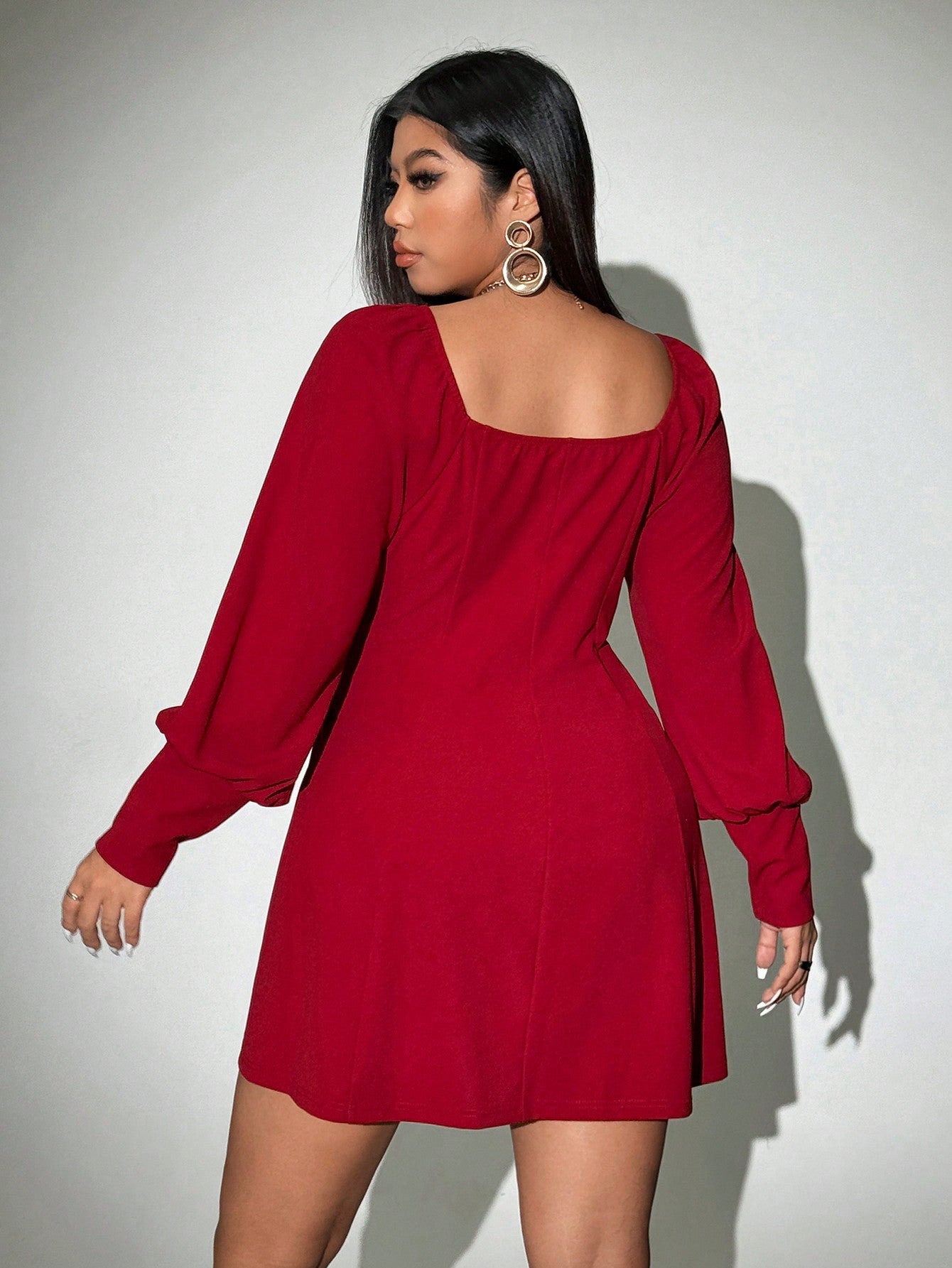 Autumn And Winter Plus Size Women's Luxury Elegant Burgundy High Waist V-Neck Short Dress