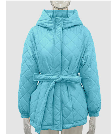 Women's Winter Clothes Slim Fit Lace-Up Turndown Collar Long Sleeve Long Style Hooded Cotton-Padded Jacket 16