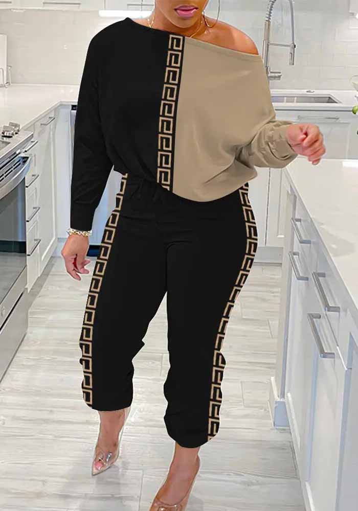 Sexy Contrast Patchwork Print Slash Shoulder Long Sleeve Two-Piece Pants Set