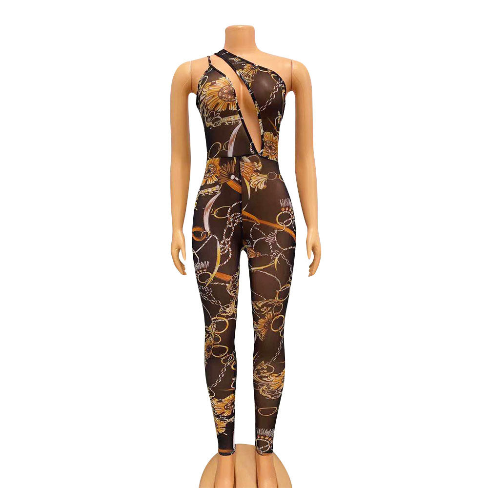 Summer Women's Sexy Mesh See-Through Nightclub Digital Print Jumpsuit 15