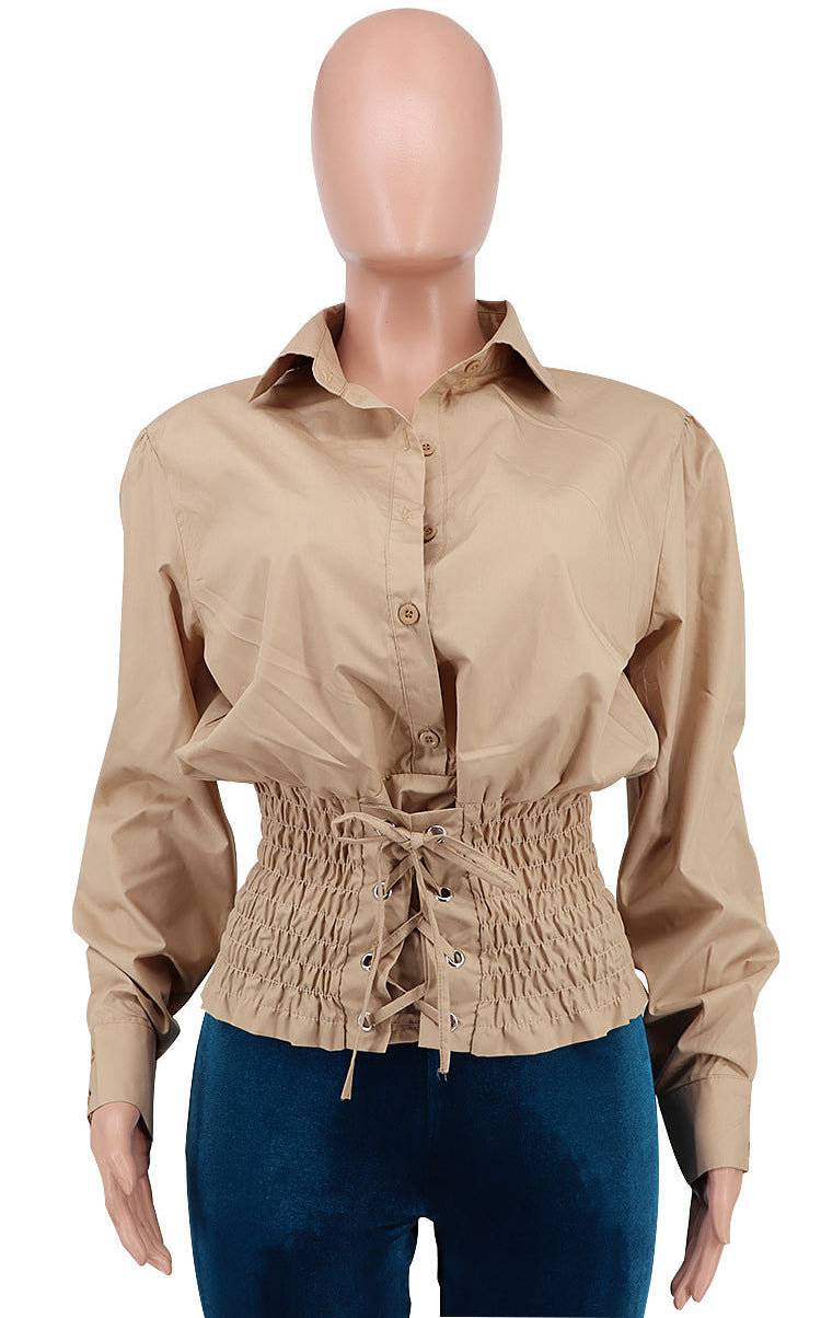 Women French Long Sleeve Casual Solid Turndown Collar Shirt 6