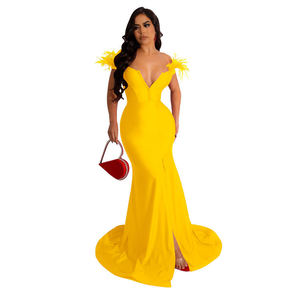 Women solid color v-neck sleeveless slit mermaid dress evening dress 3