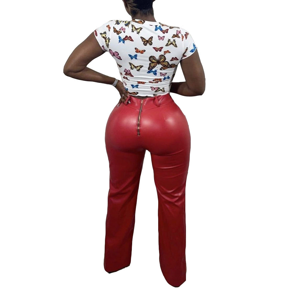 Solid Color Loose Wide-Leg Leather Pants with Back Zipper 7