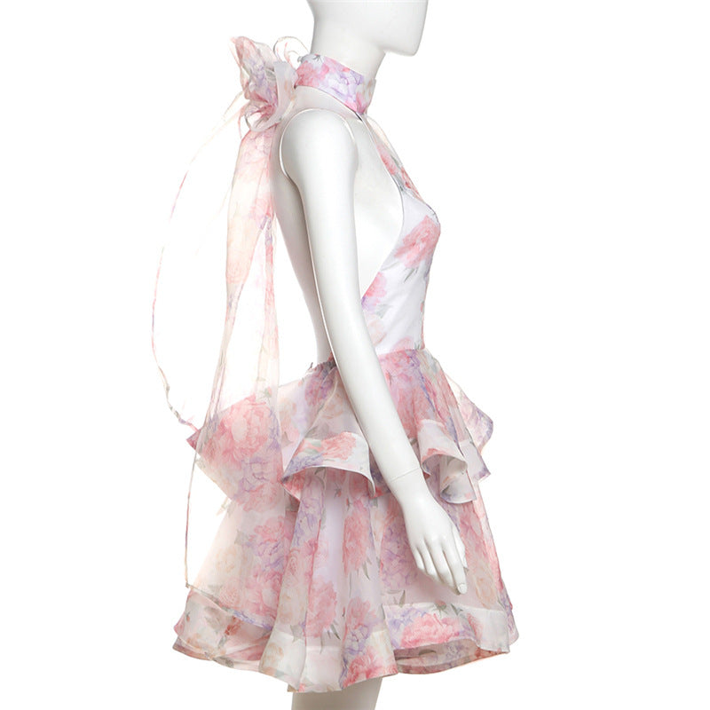 Women's Spring Printed Halter Neck Backless A-line Mini Dress 8