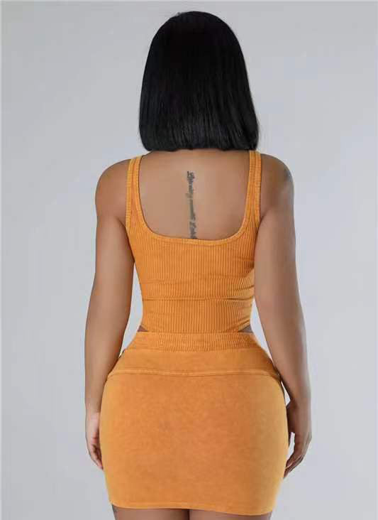 Women's Ribbed Washed Fashion Casual sleeveless bodysut and skirt set 5
