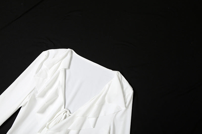 Women Fall V-Neck Lace-Up Ruffle Bell Bottom Sleeve Dress 15