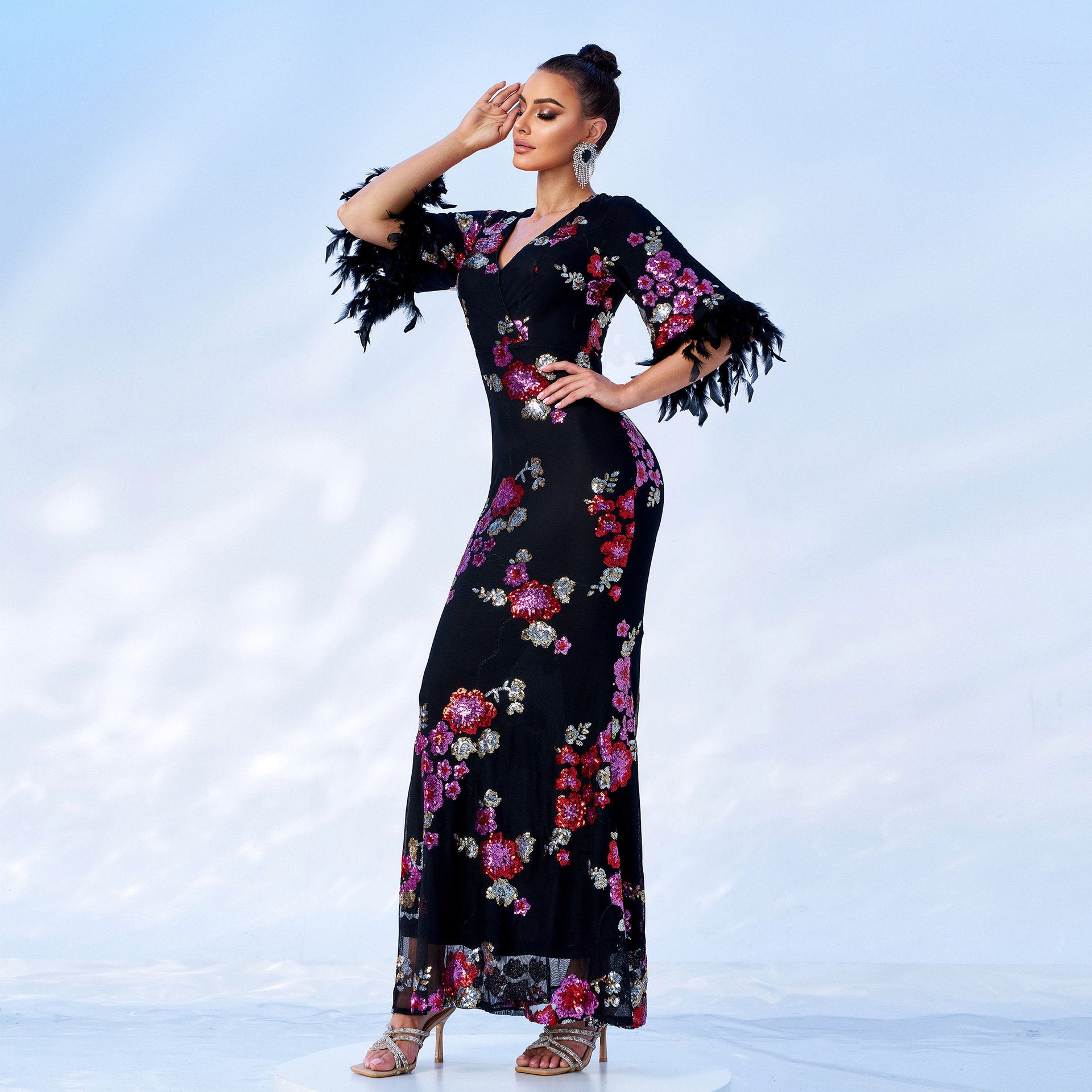 Women Sexy Sequin Short Sleeve V-Neck Formal Party Maxi Evening Dress 5