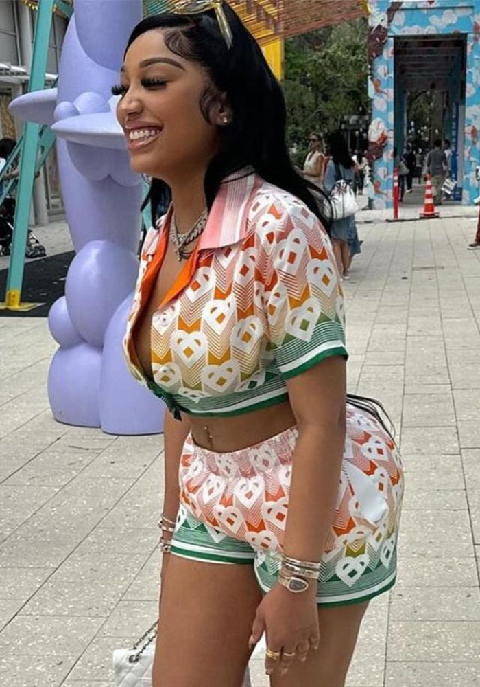 Fashion Fashion Printed Turndown Collar Short Sleeve Top Shorts Two Piece Set