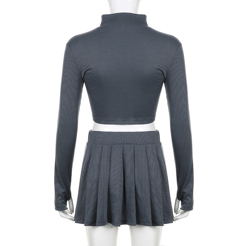 Embroidered Letter Half Turtleneck Crop Zipper Top + High Waist Pleated Skirt Casual Sports Two Piece Set For Women 12