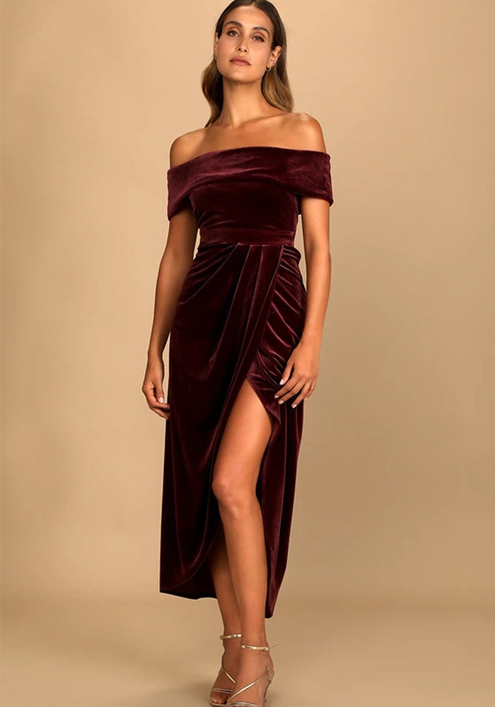 Chic elegant Off Shoulder slit Velvet dress
