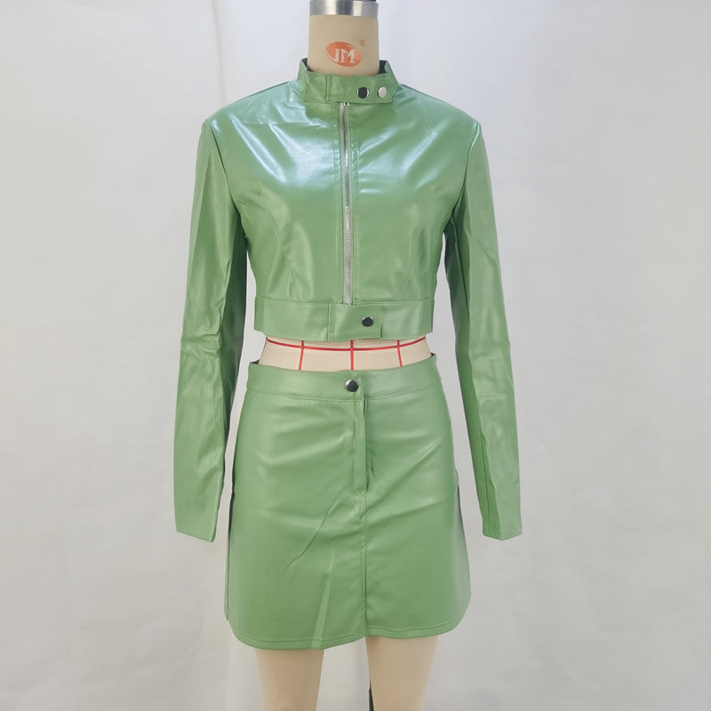 Women's Autumn Fashion Long Sleeve Crop Zipper Pu Jacket Bodycon Skirt Set for Women 12