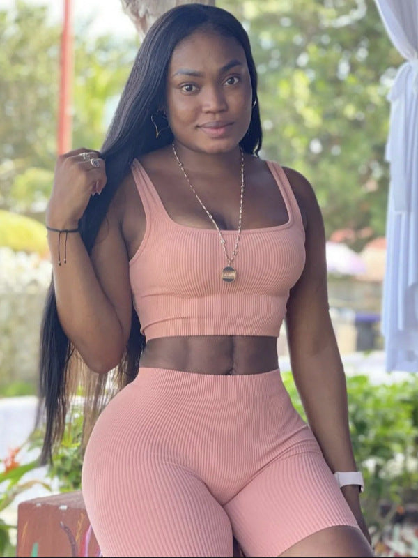 Summer Women's Clothing Knitting Sleeveless Fashion Casual Solid Color Two Piece Shorts Set 3