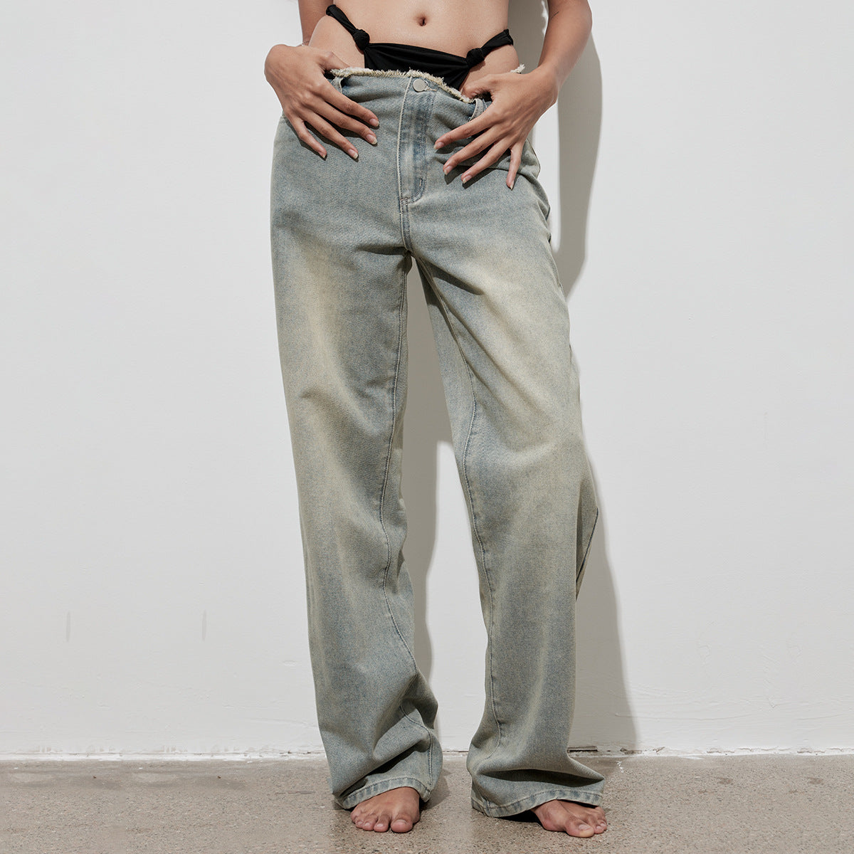 American High-Waist Distressed Women's Spring Casual Loose Wide-Leg Denim Pants