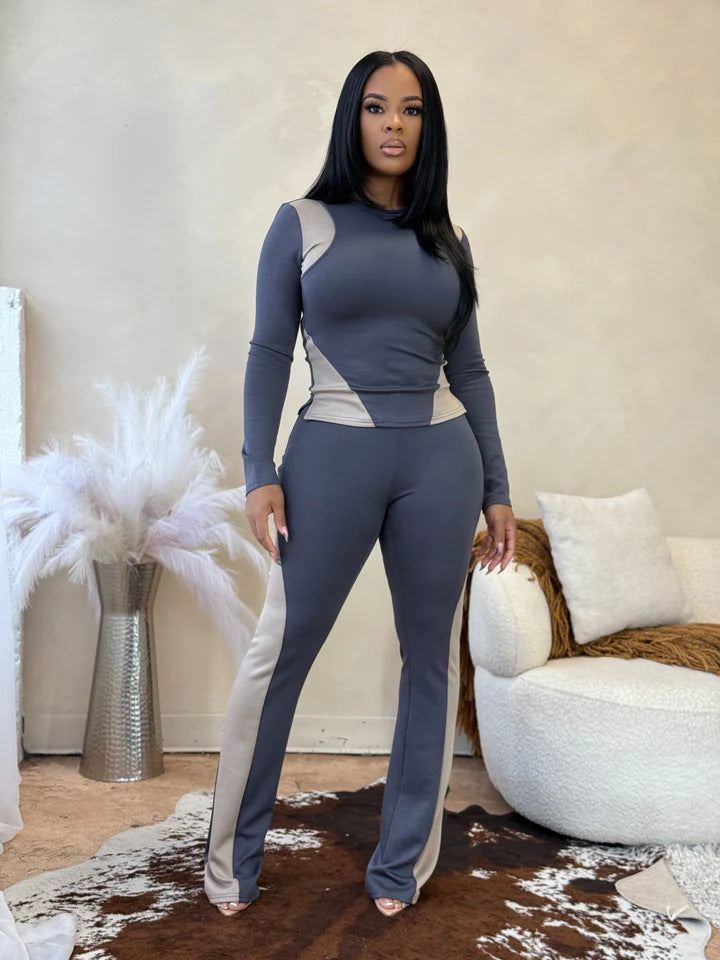 Color Block Sexy Long Sleeve Fashion Two Piece Pants Set for Women 6
