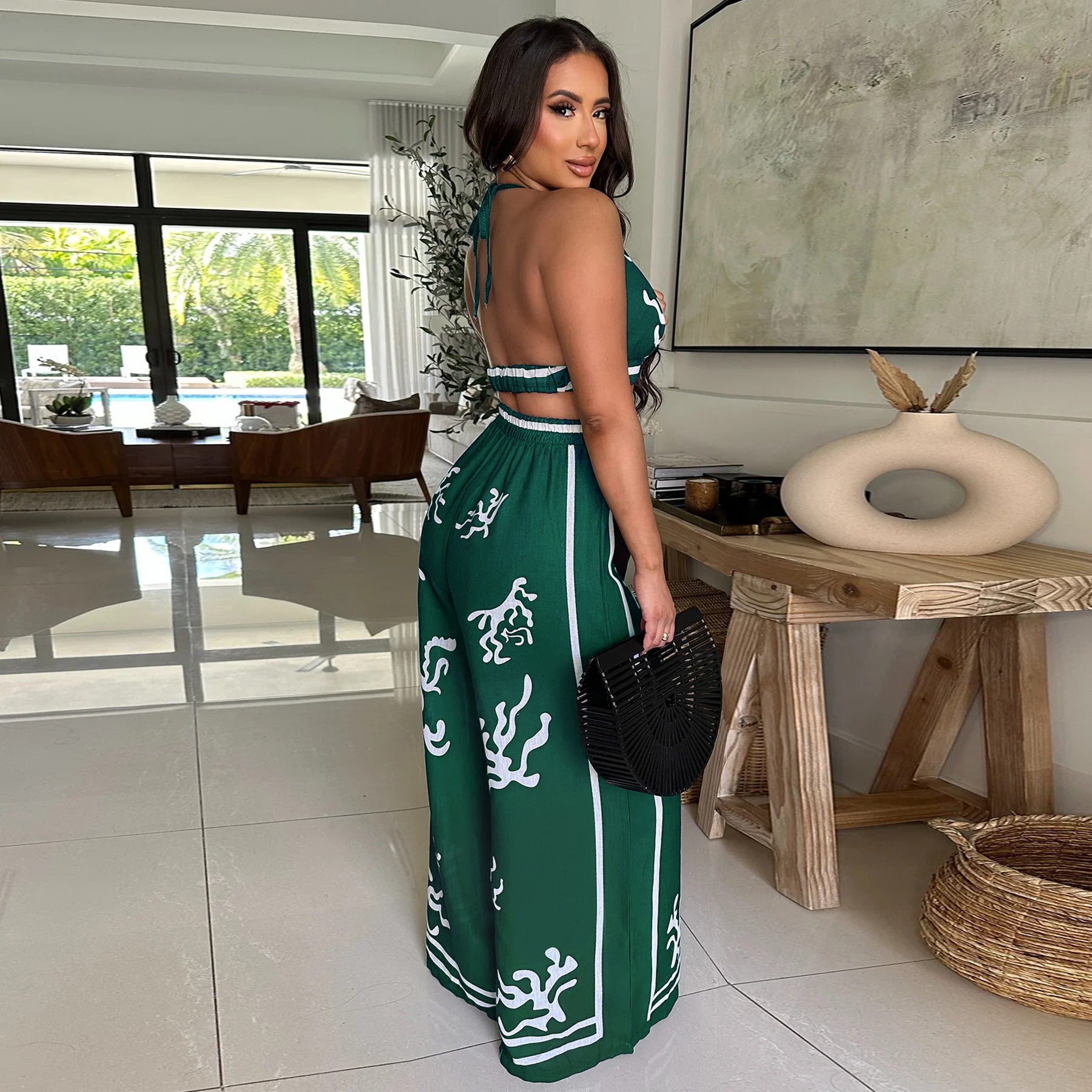 Summer Sexy Print Halter V Neck Vest Wide Leg Pants Two Piece Set 44