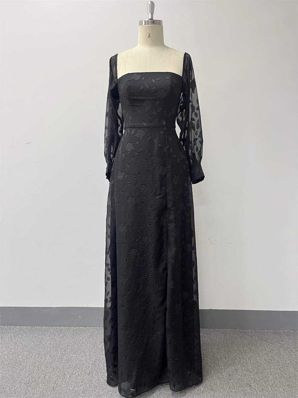 Black Off-Shoulder Long Sleeve Chiffon Embroidered High Slit Evening Dress 11