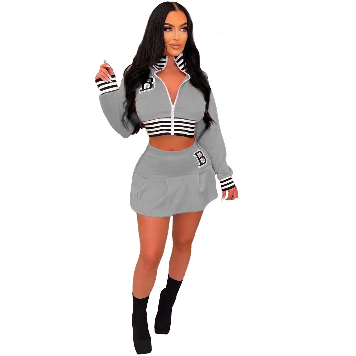 Women Casual Long Sleeve Letter Print Baseball Jacket and Mini Skirt Two-Piece 18